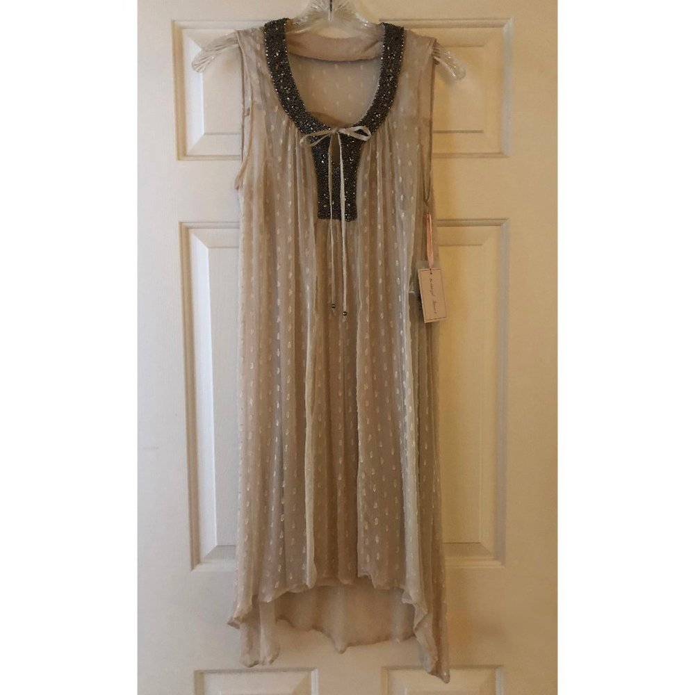 NWT Tan/gray/silver Boho Beaded Silk Dress Size S